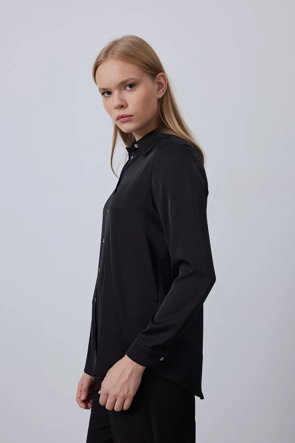 Silky Satin Shirt - Black - 3