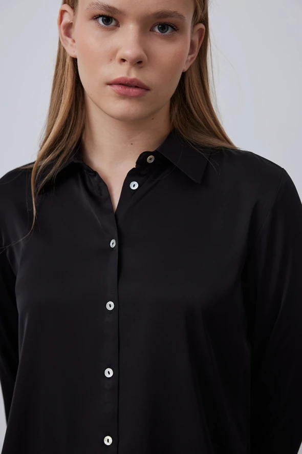 Silky Satin Shirt - Black - 4