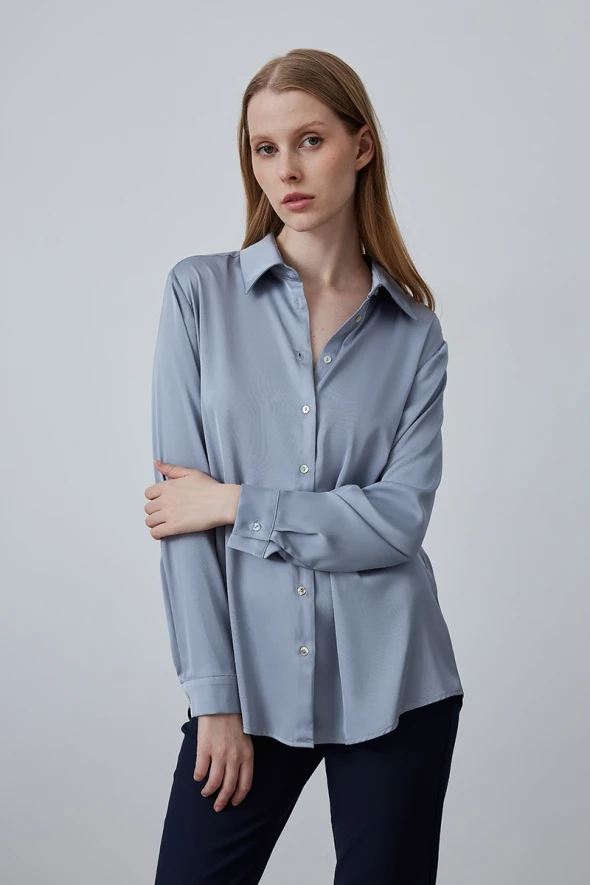 Silky Satin Shirt - Grey - 1