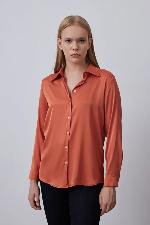 Silky Satin Shirt - Orange - 2