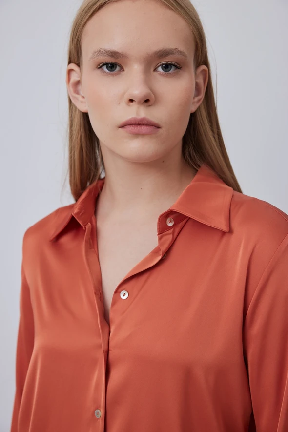 Silky Satin Shirt - Orange - 3