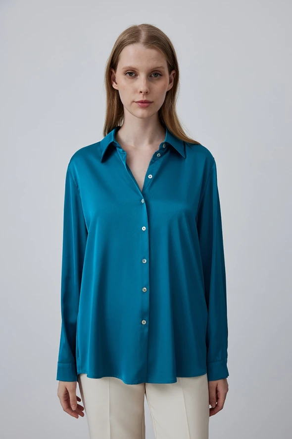 Silky Satin Shirt - Petrol - 1