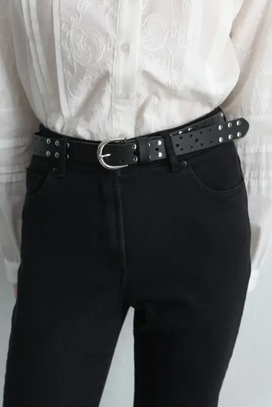 Silver Buckle Studded Belt - Black - 2