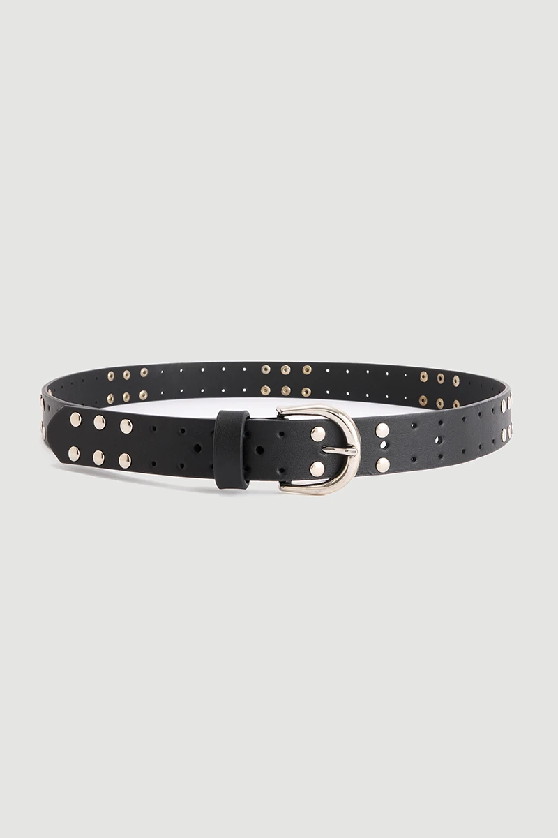 Silver Buckle Studded Belt - Black - 1