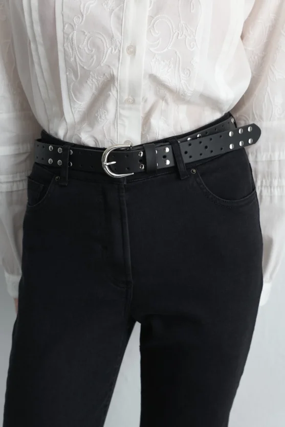 Silver Buckle Studded Belt - Black - 2
