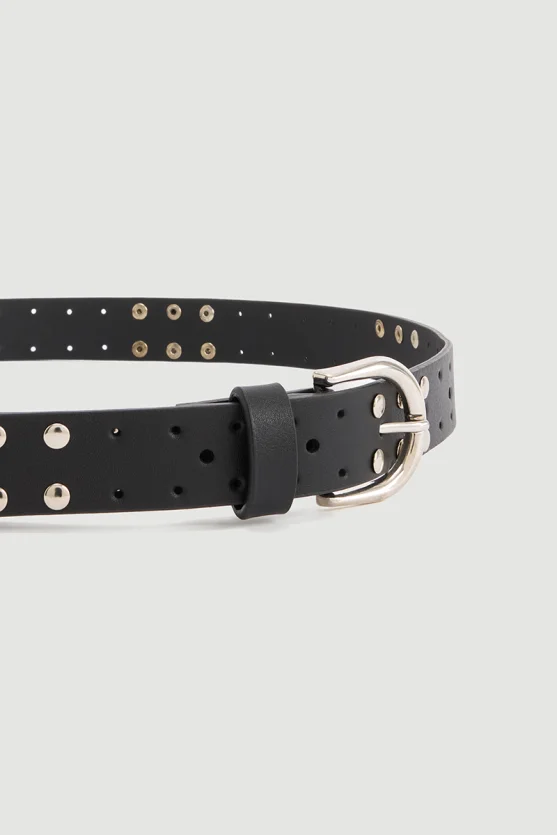 Silver Buckle Studded Belt Black - Gusto
