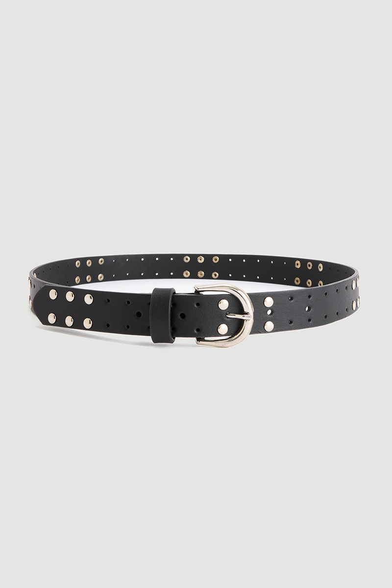 Silver Buckle Studded Belt Black - Gusto