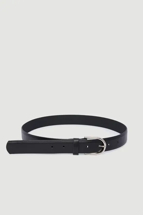 Silver Buckled Genuine Leather Belt - Black - 1