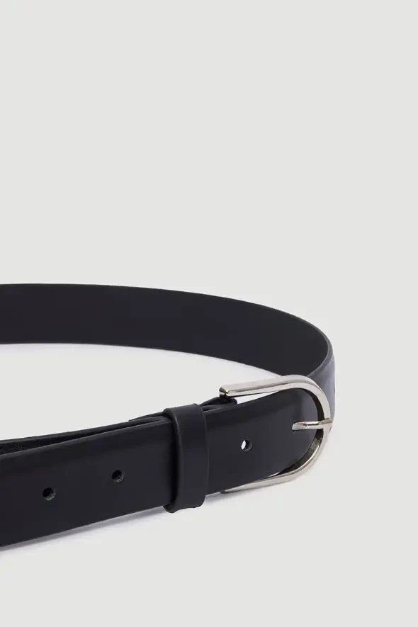 Silver Buckled Genuine Leather Belt - Black - 2
