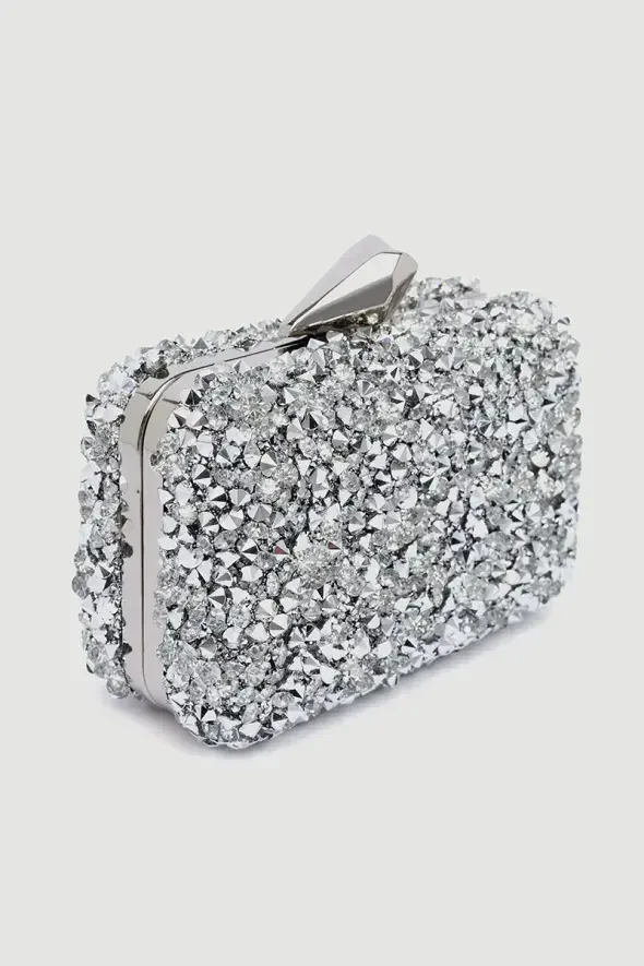 Silver Stone Embellished Evening Mini Clutch Bag - Silver - 1