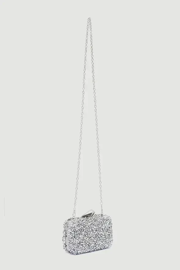 Silver Stone Embellished Evening Mini Clutch Bag - Silver - 4