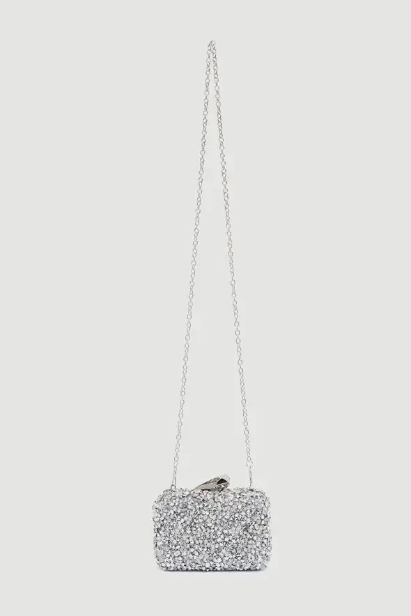 Silver Stone Embellished Evening Mini Clutch Bag - Silver - 3