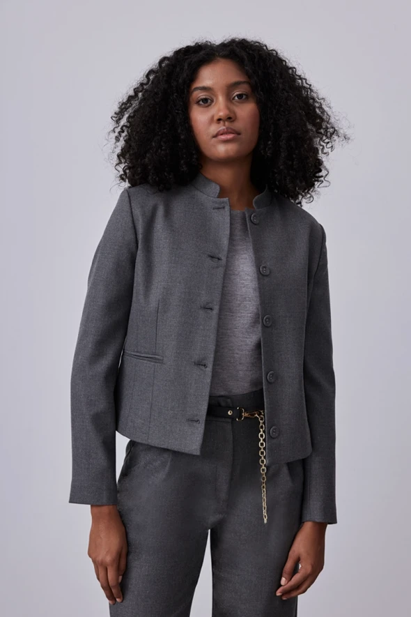 Silvery Striped Judge Collar Jacket - Grey - 3