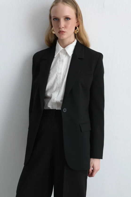 Single Button Blazer Jacket - Black - Gusto