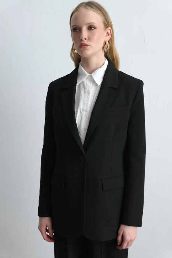 Single Button Blazer Jacket - Black - 5