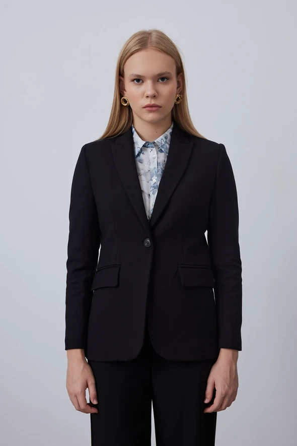 Single Button Blazer Jacket - Black - 3