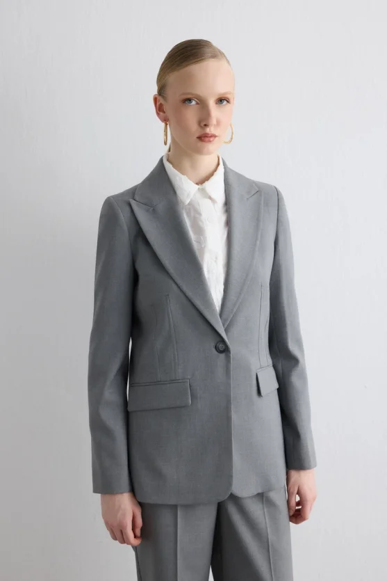 Single-Button Classic Blazer - Gray - 2