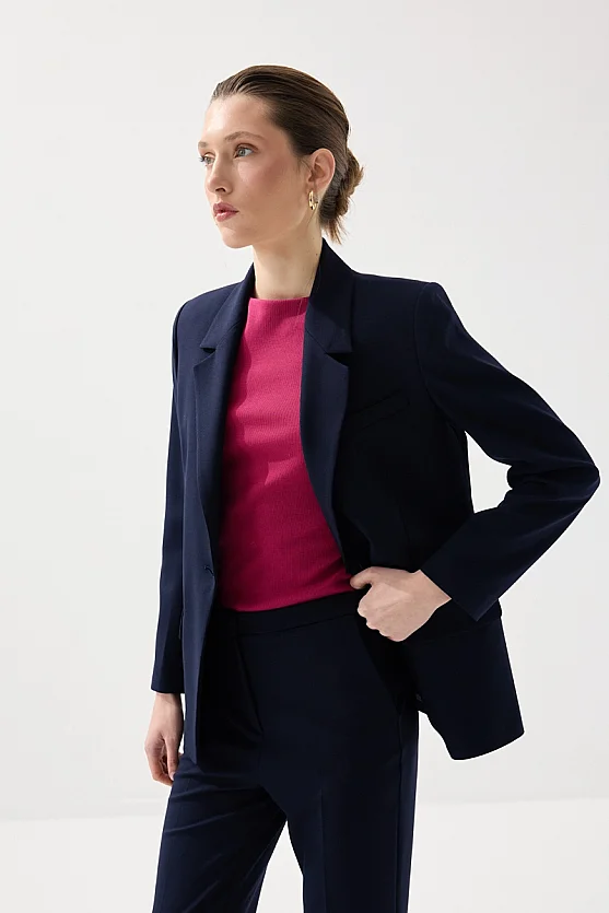Single Button Classic Blazer - Navy Blue - 3