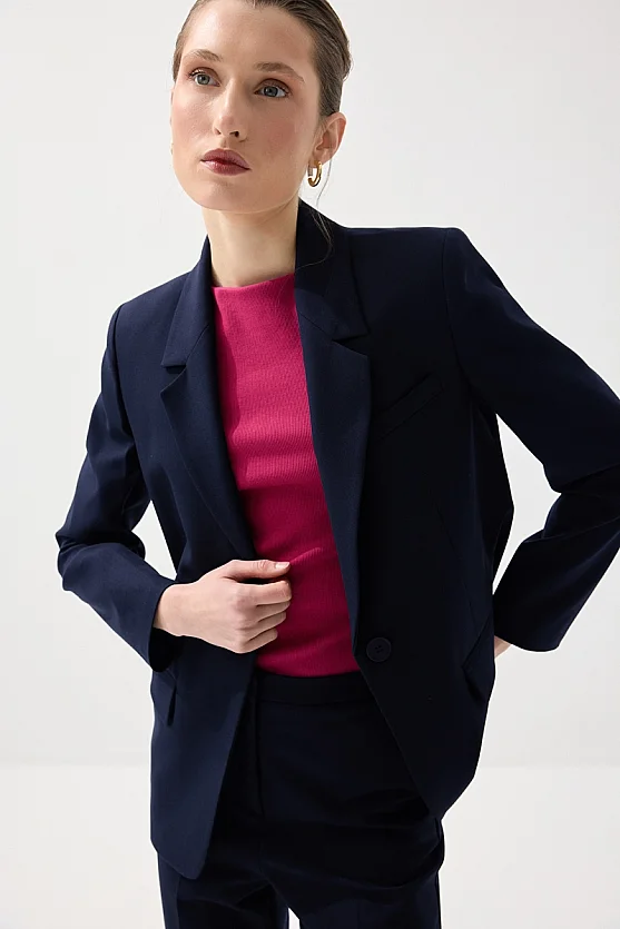 Single Button Classic Blazer - Navy Blue - 4