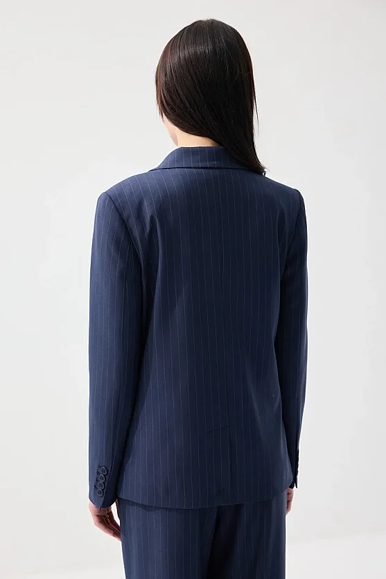 Single-Button Faint Striped Blazer Jacket - Navy Blue - Gusto