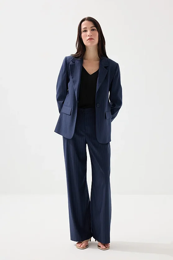 Single-Button Faint Striped Blazer Jacket - Navy Blue - Gusto