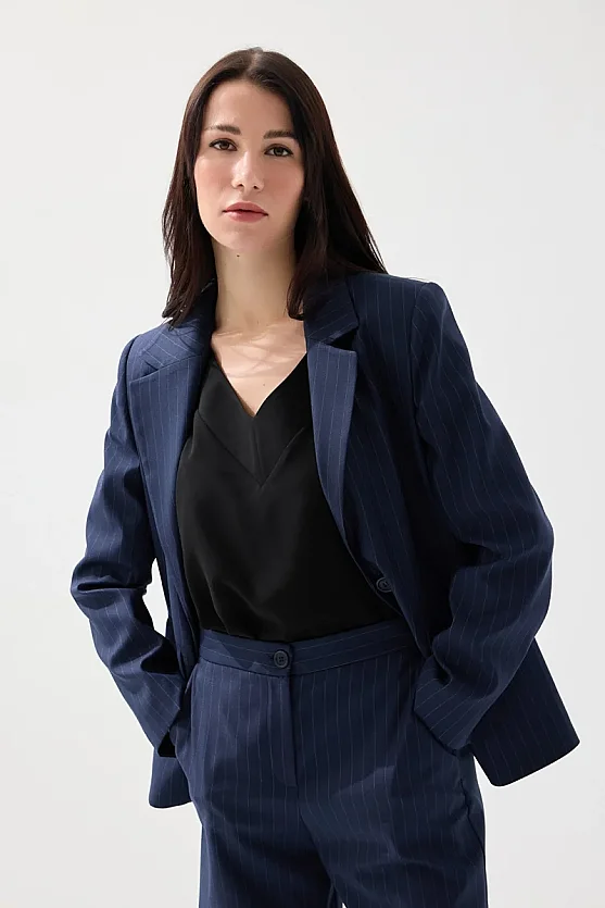 Single-Button Faint Striped Blazer Jacket - Navy Blue - Gusto