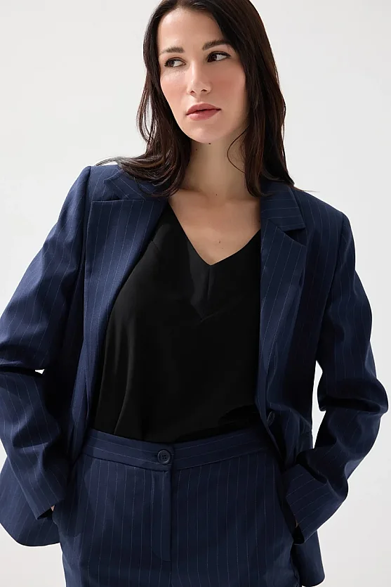 Single-Button Faint Striped Blazer Jacket - Navy Blue - Gusto