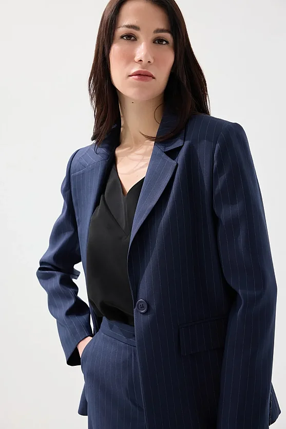 Single-Button Faint Striped Blazer Jacket - Navy Blue - Gusto