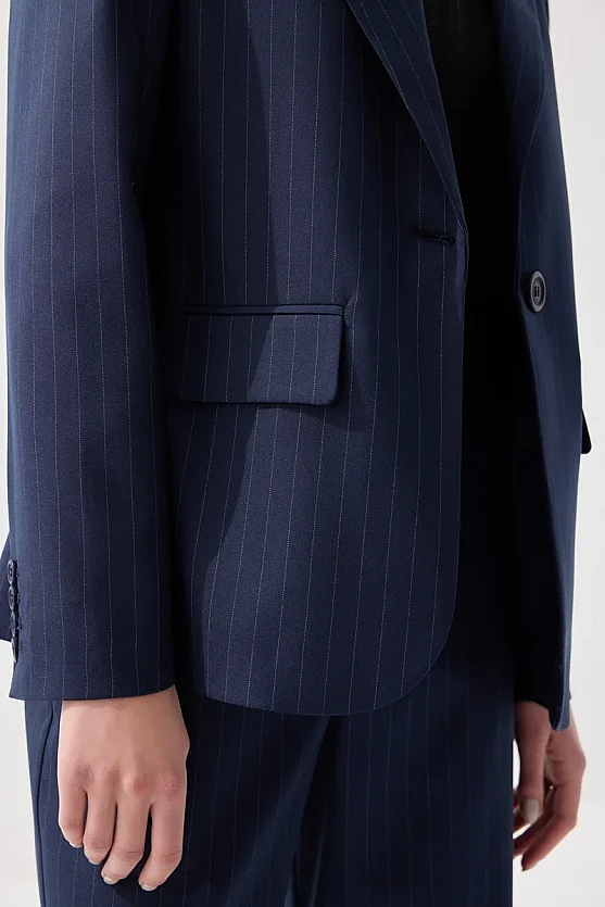 Single-Button Faint Striped Blazer Jacket - Navy Blue - Gusto