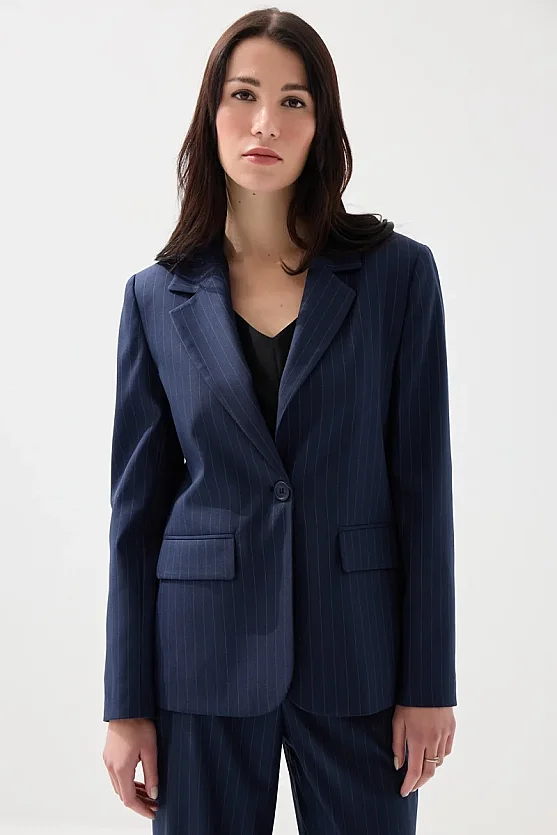 Single-Button Faint Striped Blazer Jacket - Navy Blue - Gusto