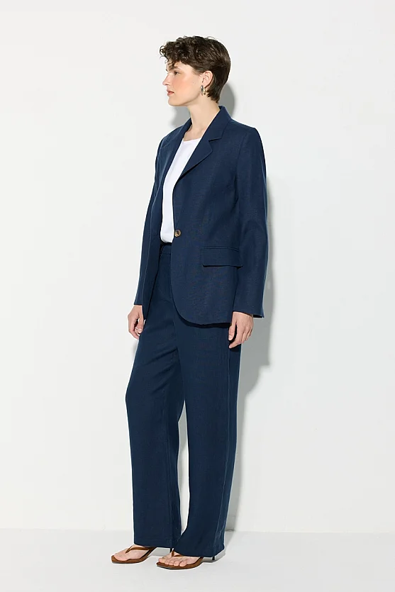 Single-Button Linen Blazer Jacket - Navy Blue - Gusto