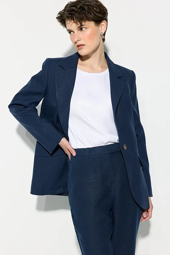 Single-Button Linen Blazer Jacket - Navy Blue - Gusto