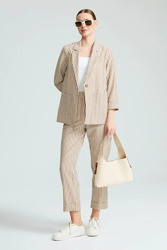Single-Button Striped Jacket - Beige - 2