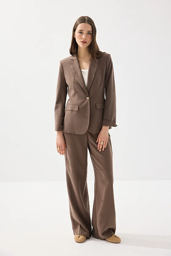 Single-Button Tencel Linen Jacket - Brown - 2