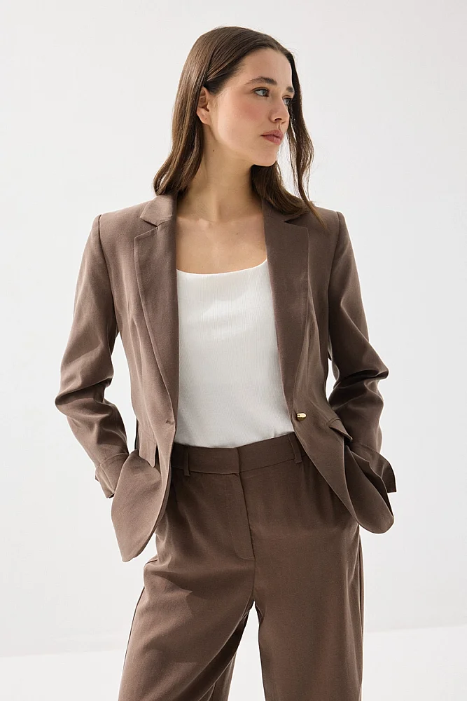 Single-Button Tencel Linen Jacket - Brown - Gusto