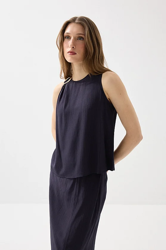 Sleeveless Blouse with Accessory Detail - Navy Blue - Gusto