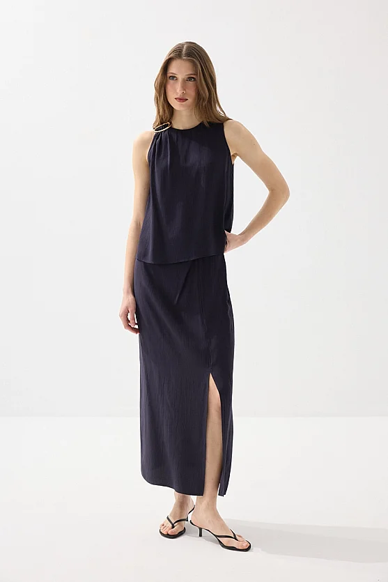 Sleeveless Blouse with Accessory Detail - Navy Blue - Gusto