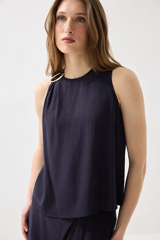 Sleeveless Blouse with Accessory Detail - Navy Blue - Gusto