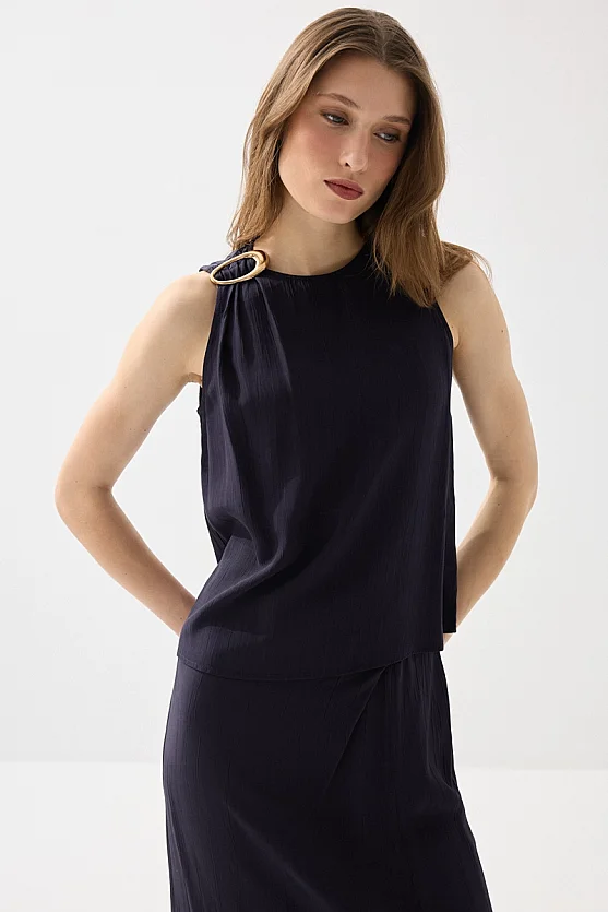 Sleeveless Blouse with Accessory Detail - Navy Blue - Gusto