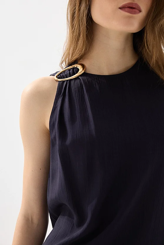 Sleeveless Blouse with Accessory Detail - Navy Blue - Gusto