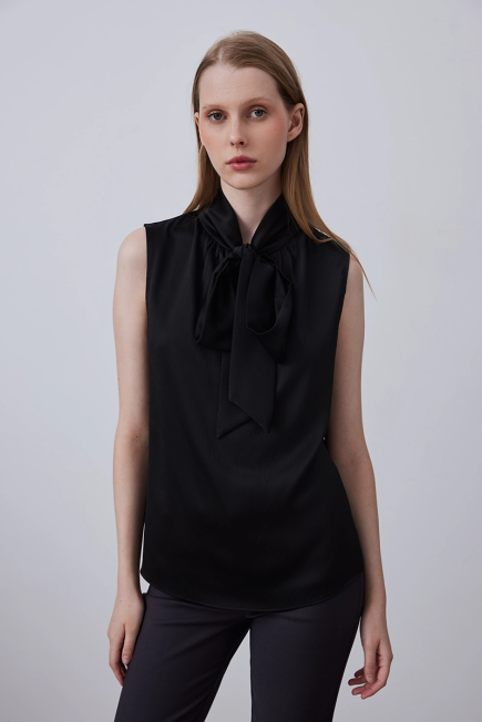 Sleeveless Blouse with Neck Ties - Black Black