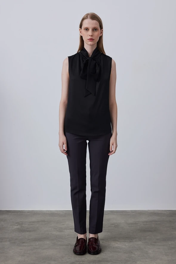 Sleeveless Blouse with Neck Ties - Black - 2