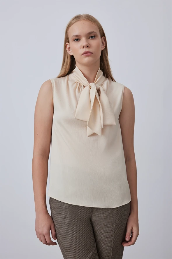 Sleeveless Blouse with Neck Ties - Ecru - 1