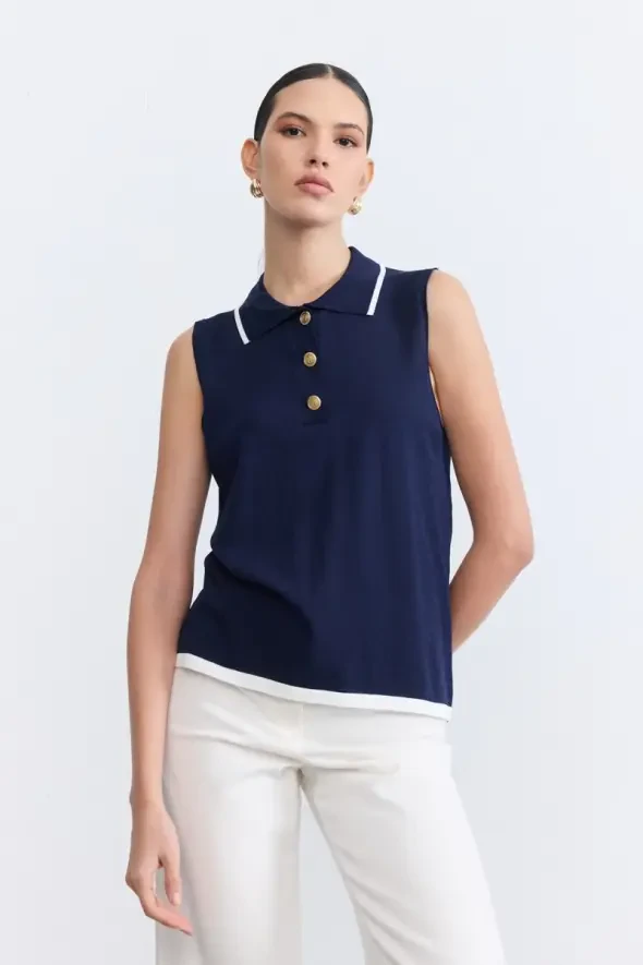 Sleeveless Buttoned Mercerized Knit Polo Blouse - Navy - 1