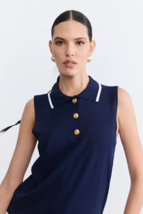 Sleeveless Buttoned Mercerized Knit Polo Blouse - Navy - 2