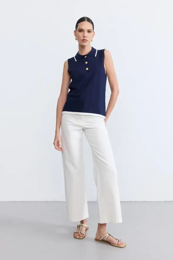 Sleeveless Buttoned Mercerized Knit Polo Blouse - Navy - 3