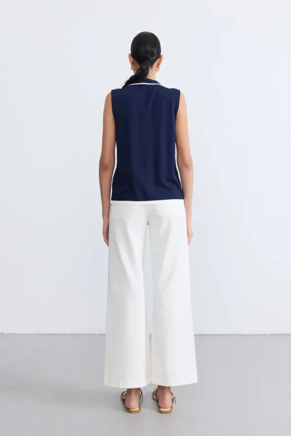 Sleeveless Buttoned Mercerized Knit Polo Blouse - Navy - 5