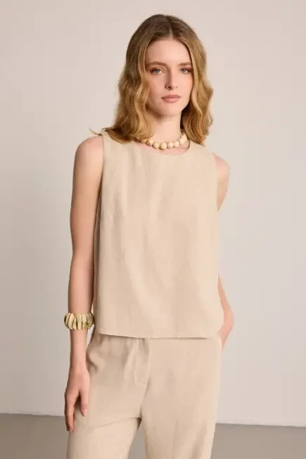 Sleeveless Linen Blouse - Beige - Gusto