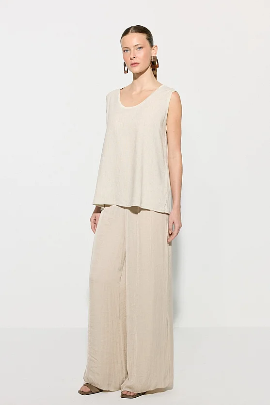 Sleeveless Linen Front Viscose Back Linen Blouse - Beige - 3