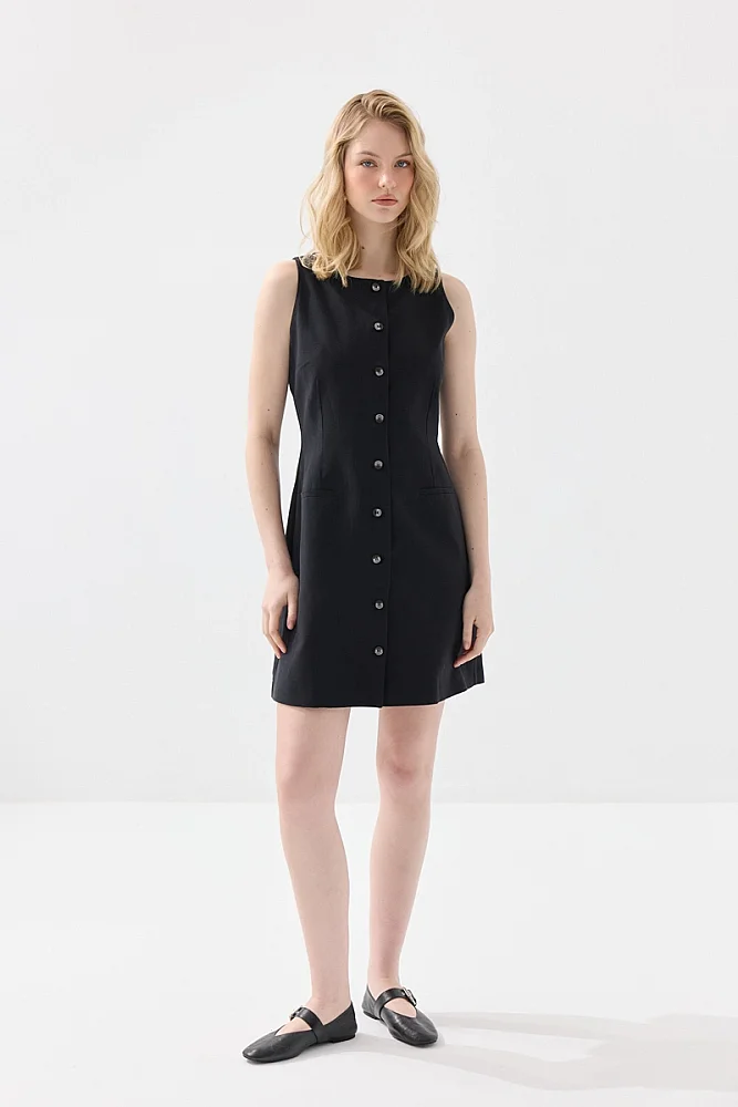 Sleeveless Linen Pinafore Dress with Buttons - Black Black